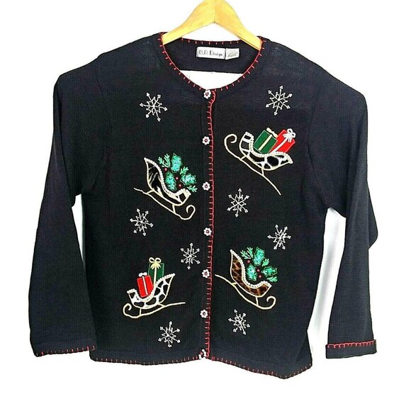 Vtg Christmas Cardigan Sweater Black Beaded BP Design L Grannycore Chic Holiday - Picture 1 of 12
